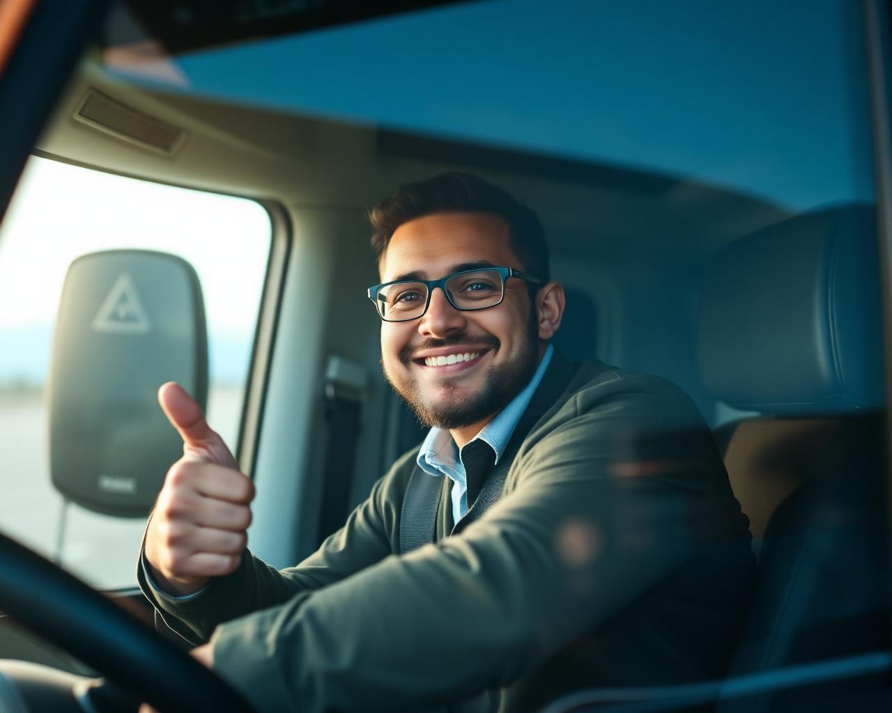 Motorista profissional sorrindo dentro do caminhão